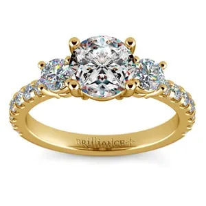 Three Stone Diamond Engagement Ring With Scalloped Band In Gold